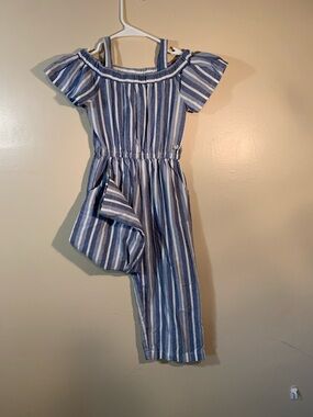 Girls' Blue Stripe Off-Shoulder Jumpsuit
